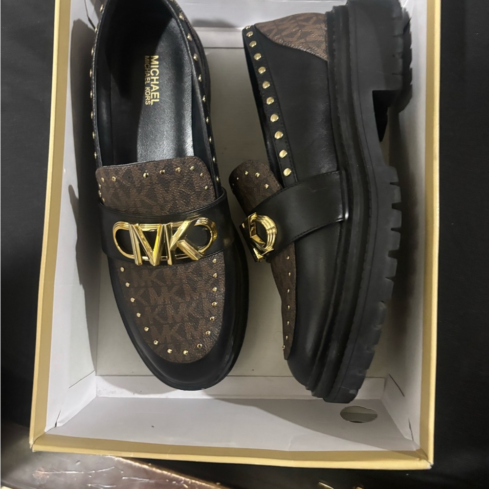 Michael Kors Black and Brown Loafers with Gold Accents - Picture 3 of 5